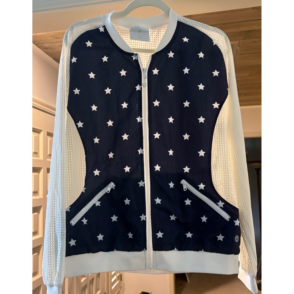 Alexo Athletica Womens Mesh Bomber Jacket Navy White Stars Patriotic Size MD